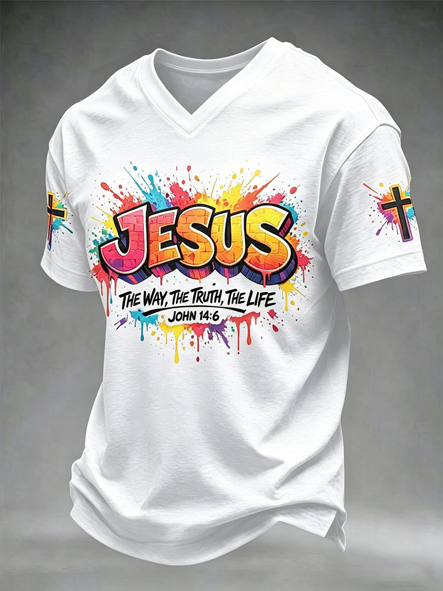 Miesten Christian Jeesus Cross Short Sleeve V-kaula T-paita