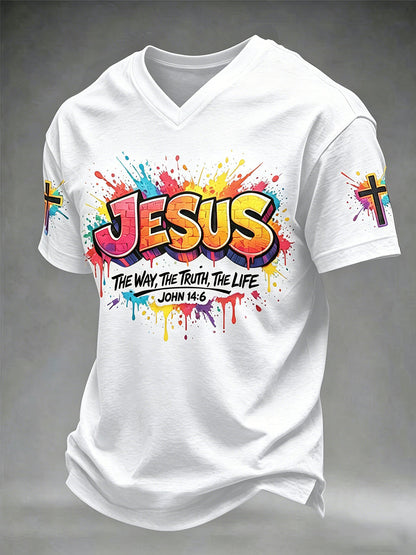 Miesten Christian Jeesus Cross Short Sleeve V-kaula T-paita