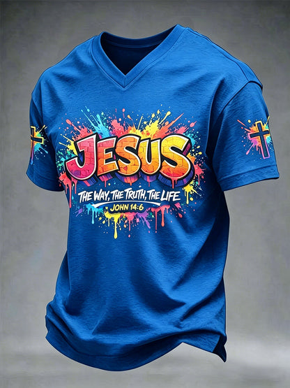 Miesten Christian Jeesus Cross Short Sleeve V-kaula T-paita