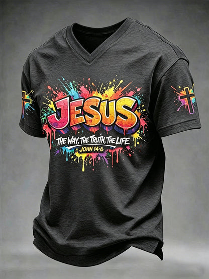 Miesten Christian Jeesus Cross Short Sleeve V-kaula T-paita