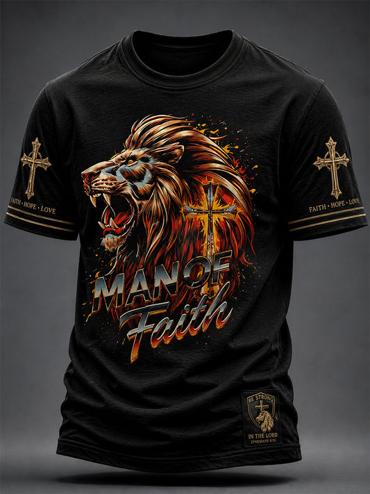 Christian Man of Faith Lion en Cross T-shirt met korte mouwen voor heren
