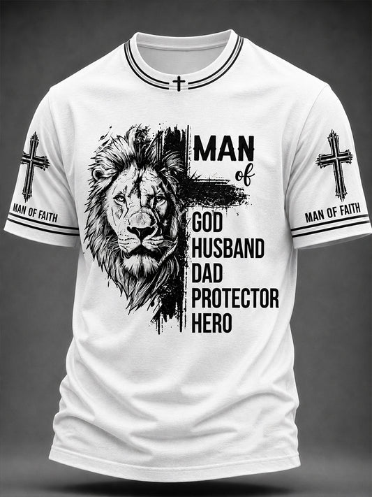 Heren-T-shirt met korte mouwen voor christelijke mannen, met leeuw en kruis