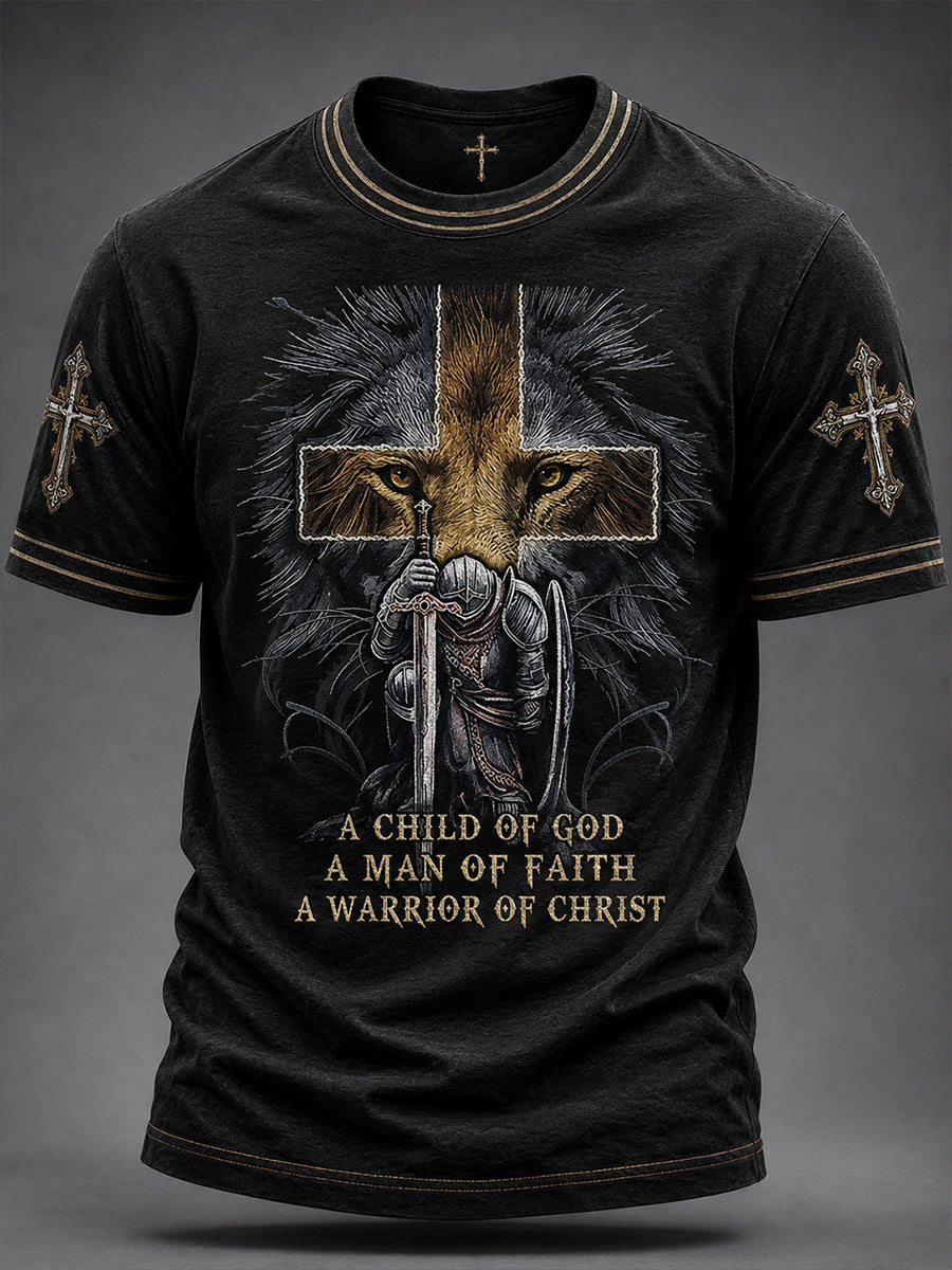 Heren-T-shirt met korte mouwen voor christelijke mannen, met leeuw en kruis