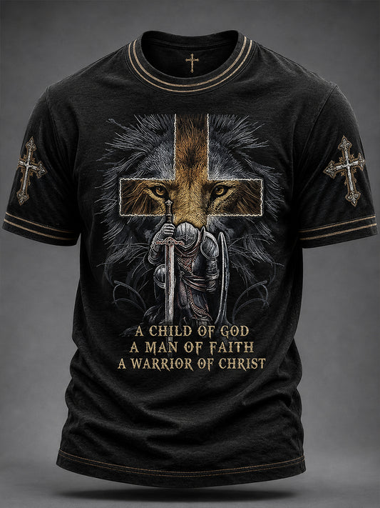 Heren-T-shirt met korte mouwen voor christelijke mannen, met leeuw en kruis