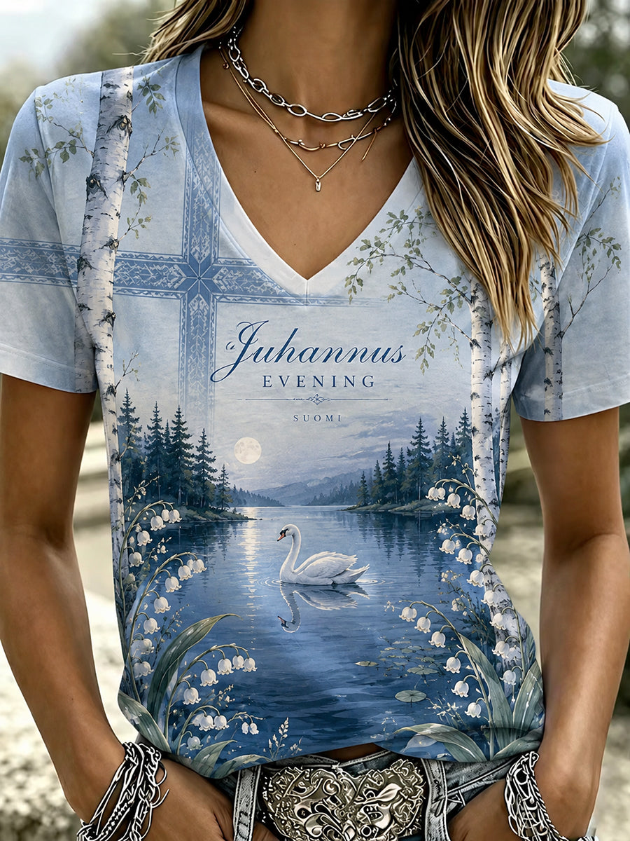 Naisten Suomi Midjuter Festival Printed Casual V-kaula T-paita
