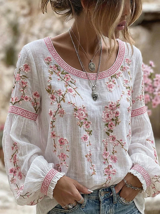 Naisten Vintage-tyyli Casual Puuvilla-Linen Top koruommella kukka ja painettu patchworks