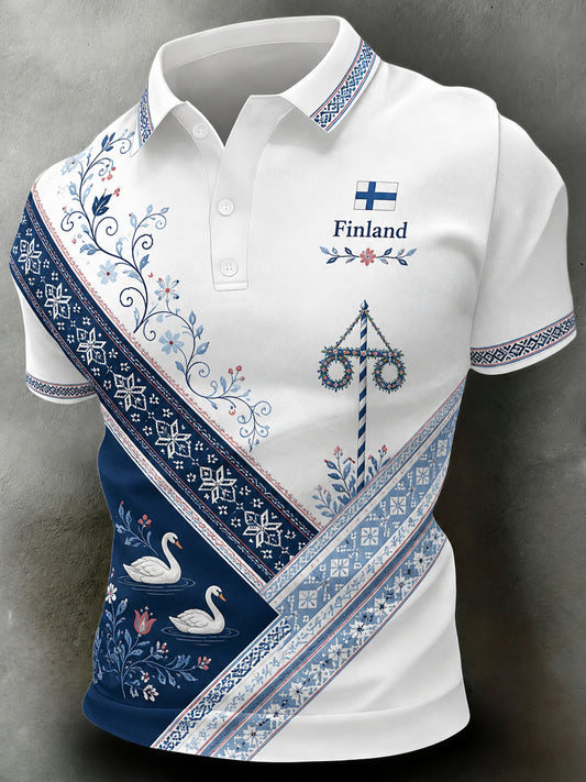Miesten Suomen juhannusjuhlan muistotaidepainettu polopaita