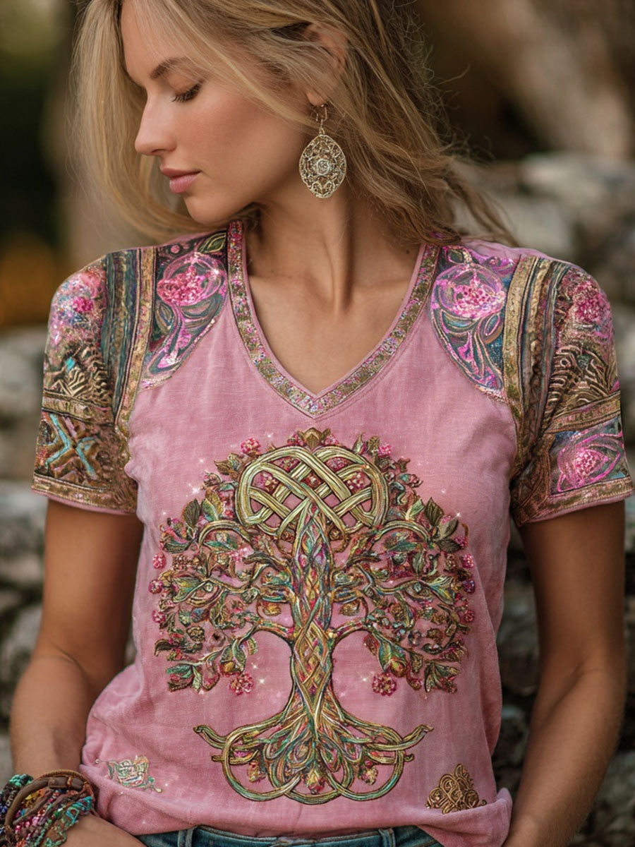Naisten Vintage Viking Tree of Life Celtic Print Short-sleeved T-paito