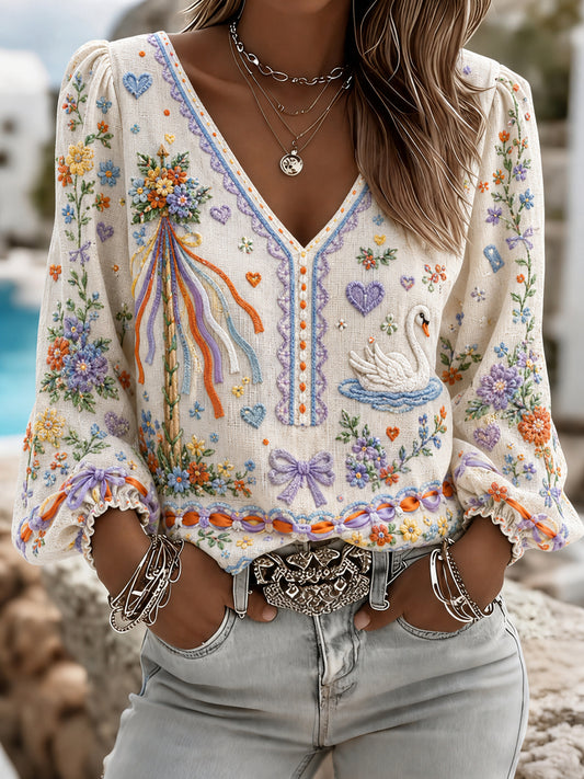 Naisten V-Neck Top Juhlataidella Print: Suomen juhannen ja arktinen poro Motivti