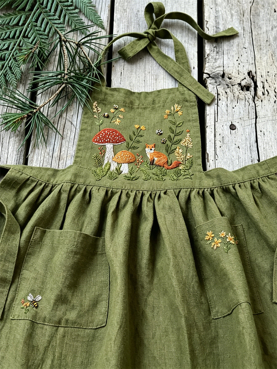 Naisten Vintage Forest Kettu sieni Kukkapainettu pellava Maxi Pinafore Meko