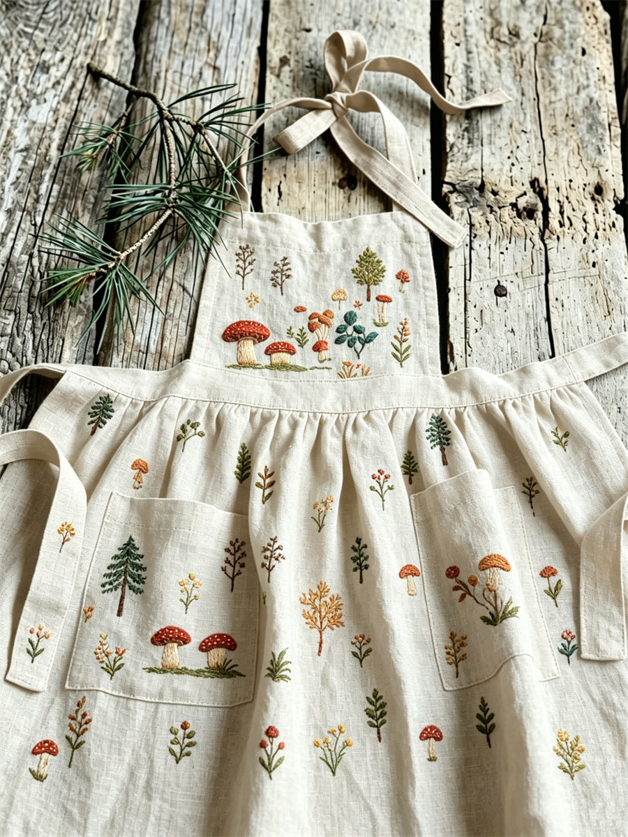 Naisten metsä-sieni-kasvi-kuvioinen vintage-laskelellinen pellavalainen maksimekko liivimekkona