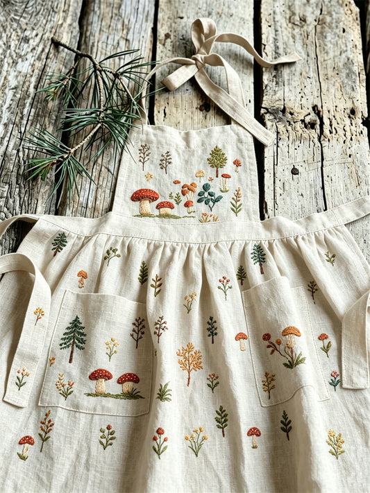 Naisten metsä-sieni-kasvi-kuvioinen vintage-laskelellinen pellavalainen maksimekko liivimekkona