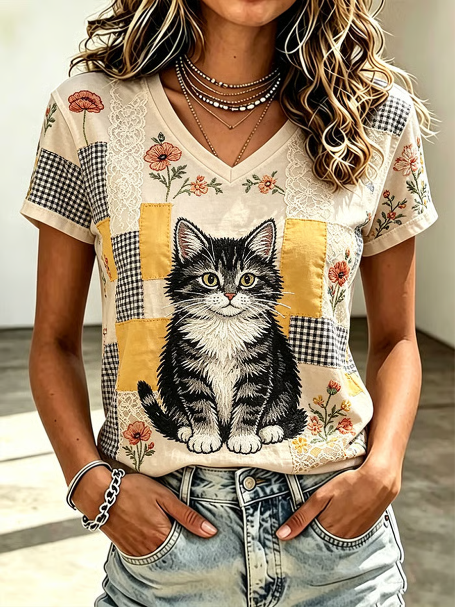 Naisten söpö Cat Tulosta lyhythiha T-paita