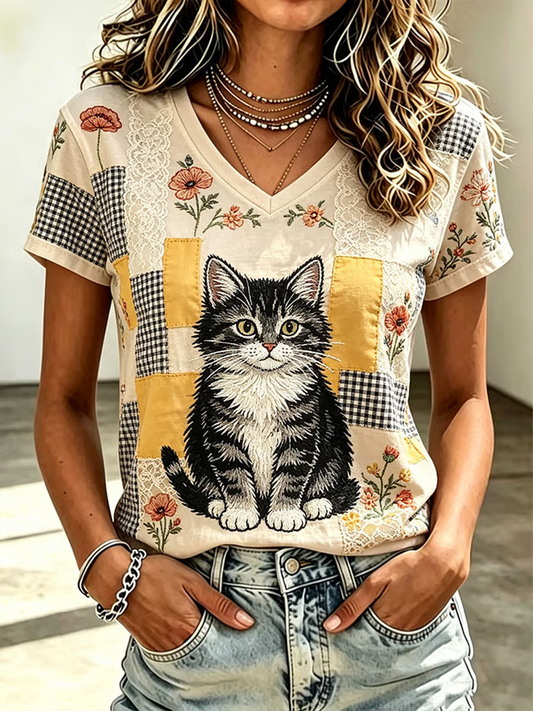 Naisten söpö Cat Tulosta lyhythiha T-paita