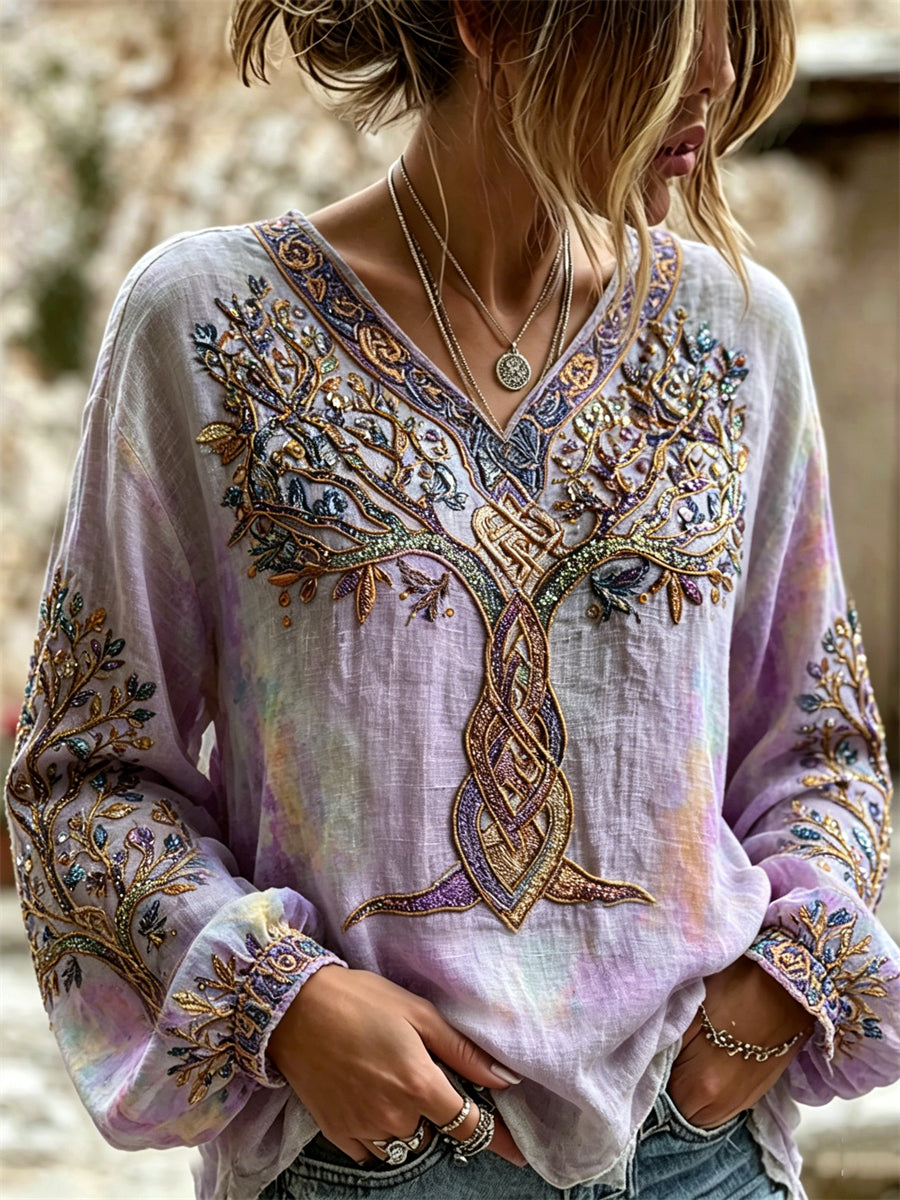 Naisten Vintage Mystinen puu elämän Glitter Print Puuvilla-Linen-paita
