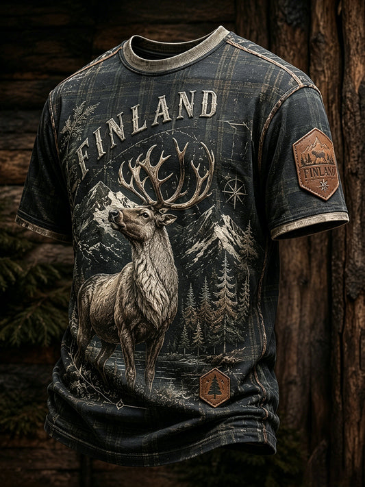Miesten Suomen järvi Contour Line jää poro Element Art Print T-paiti