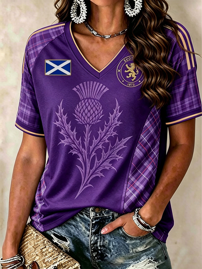 Women's SCOTLAND Printed V-neck off-shoulder short-sleeved T-shirt