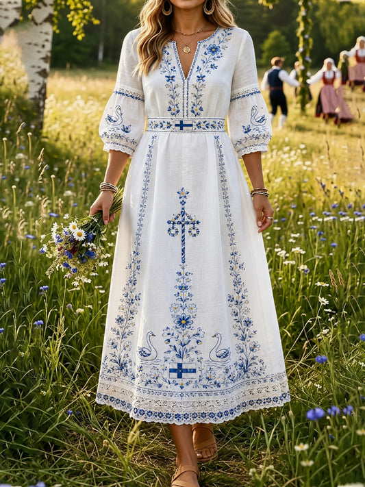 Naisten Juhannusfestivaalin muistotaidepainatusmekko Suomenjärveltä