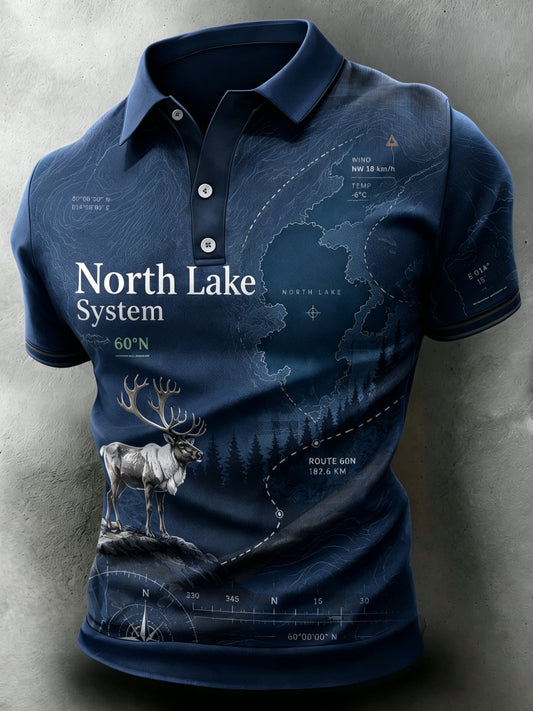 Miesten Suomen järvi Contour Line Poro Element Art Print Polo Paitalta