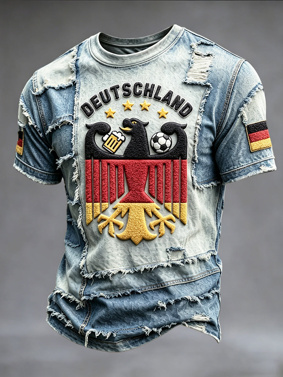Herren-Fußball-T-Shirt aus Denim im Patchwork-Style, lässige Mode mit Print