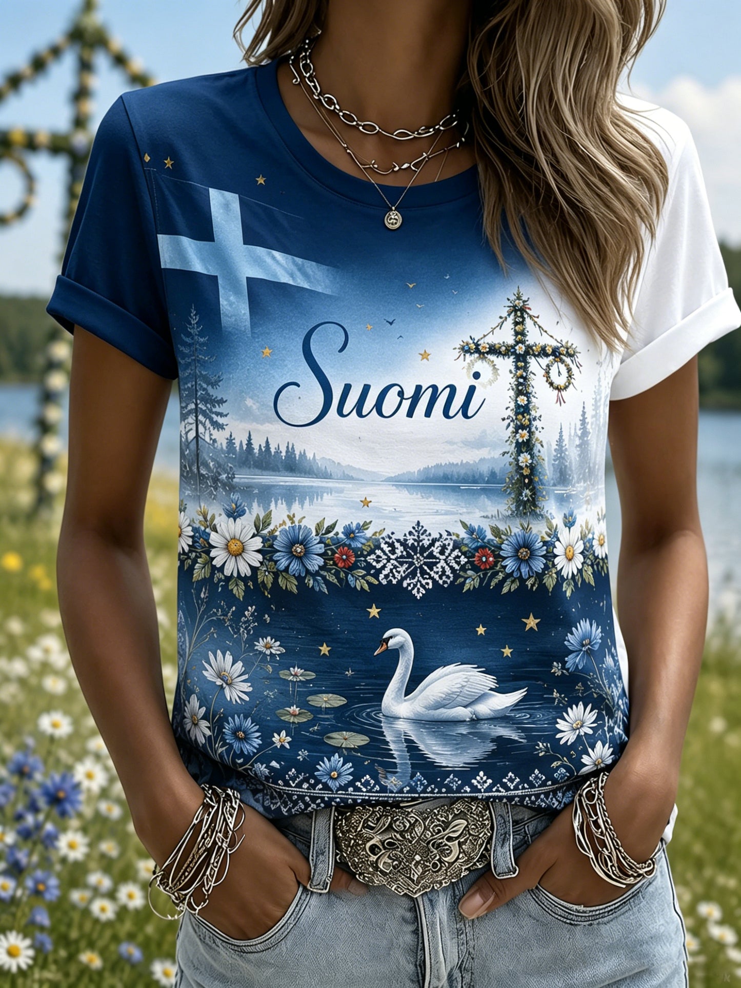Naisten suomalainen juhannusjuhlan muistoart printti T-paita