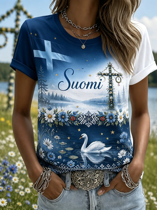Naisten suomalainen juhannusjuhlan muistoart printti T-paita