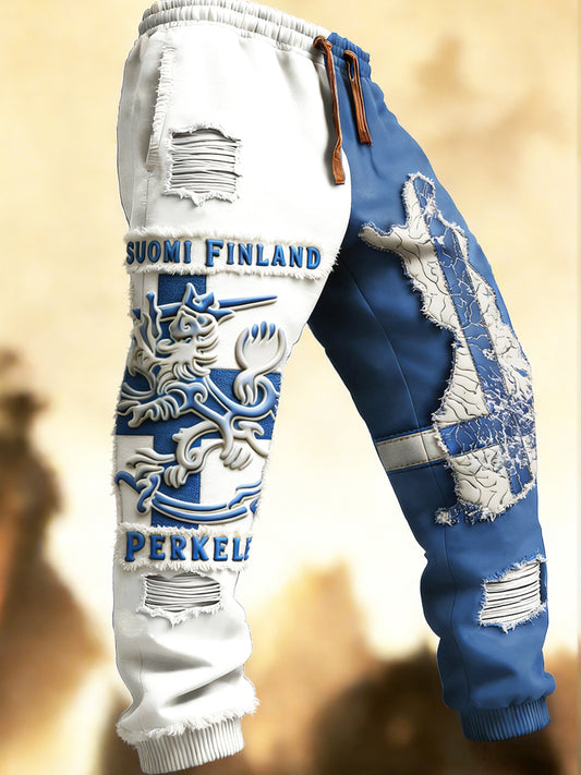 Miesten suomalainen patchwork Distressed Painettu Sattuva Hakijat housut Pöksyt