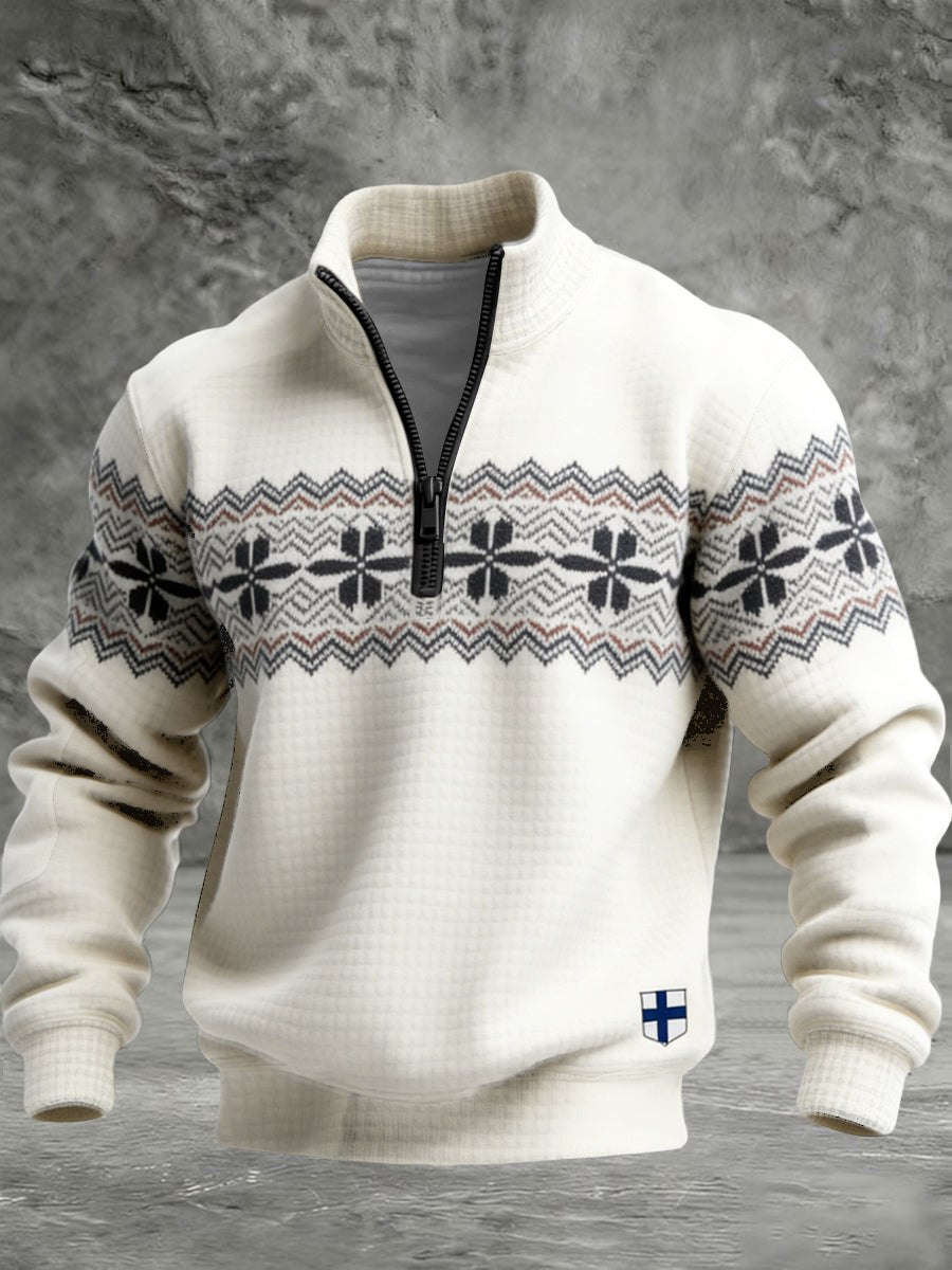 Miesten lämpimä kerma Pohjoismainen lumihiutale & suomalainen lippu-Zip Sweatshirti