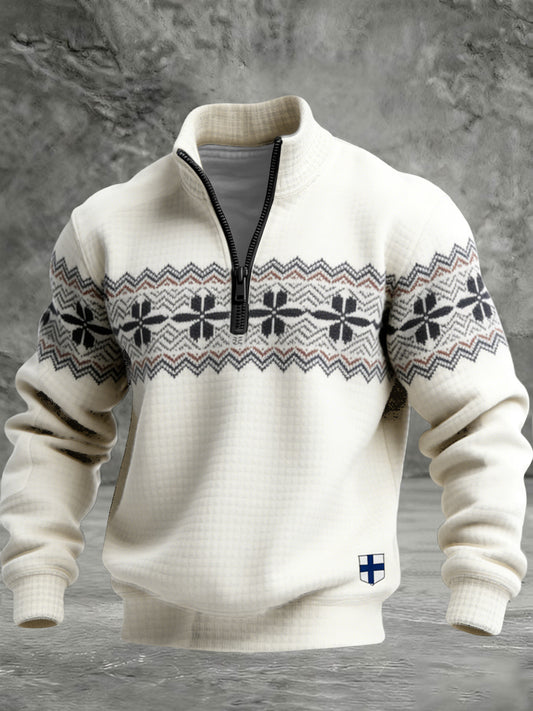 Miesten lämpimä kerma Pohjoismainen lumihiutale & suomalainen lippu-Zip Sweatshirti