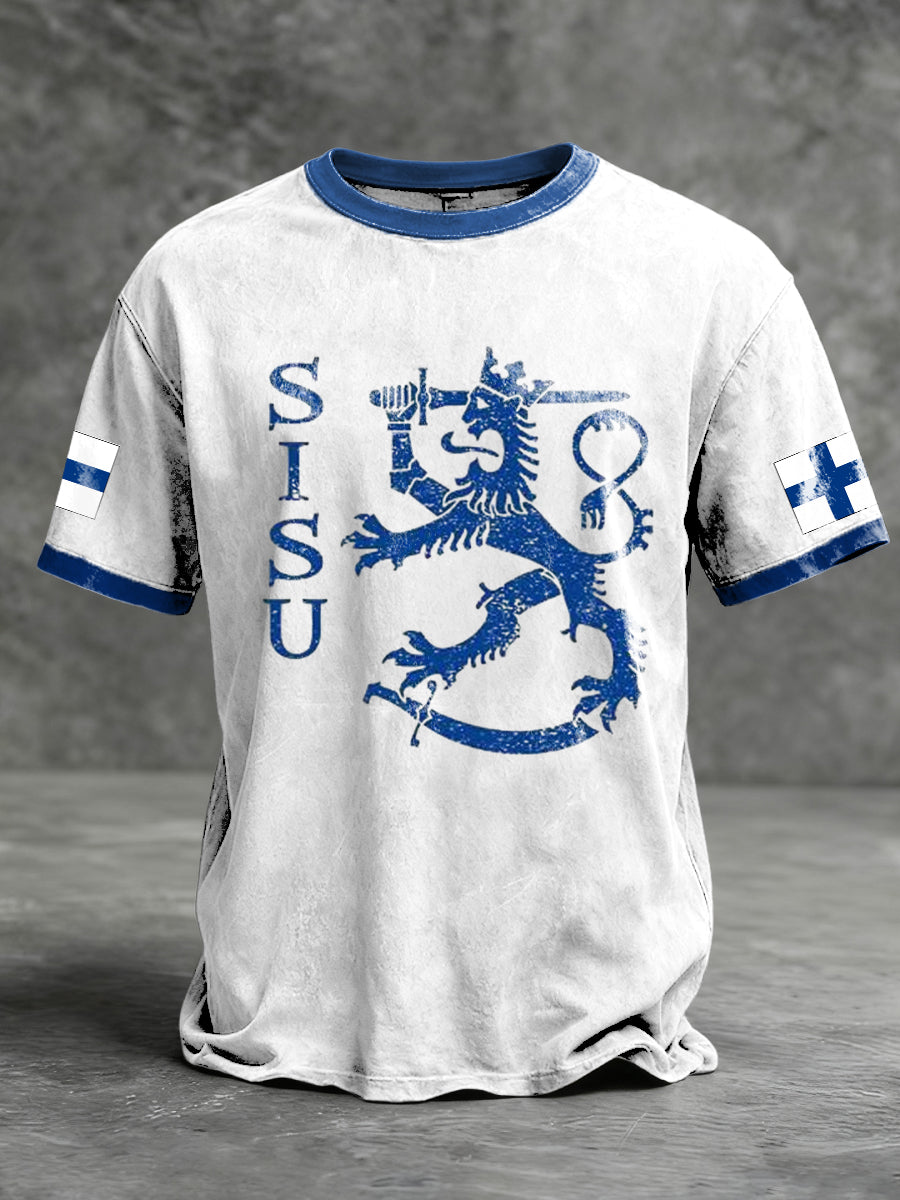 Miesten ahdistunut Valko-sininen "SISU" Leijona Ringer T-paita