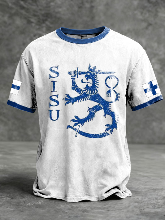 Miesten ahdistunut Valko-sininen "SISU" Leijona Ringer T-paita
