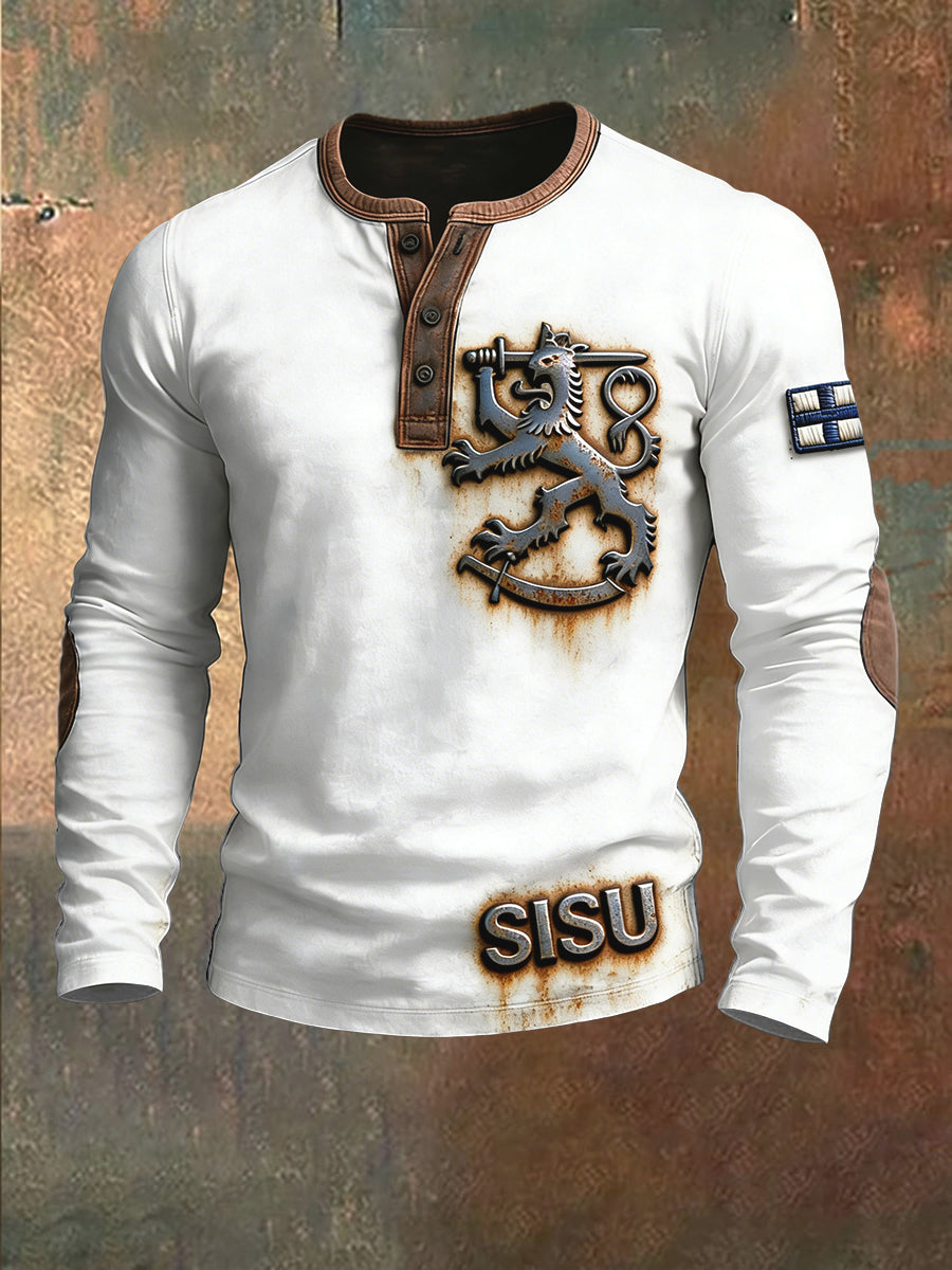 Miesten suomalainen SISU Tulosta Valkoinen Henley Sweatshirt
