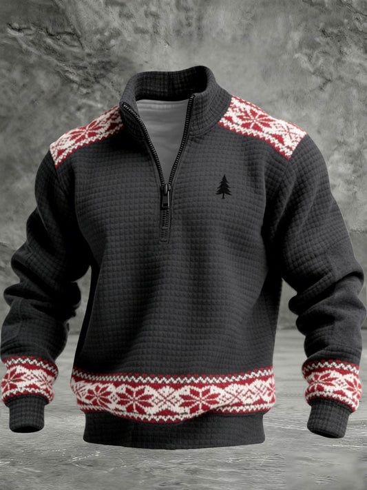 Miesten Cozy Musta Pohjoismainen lumihiutale & Pine Tree Quarter-Zip Sweatshirt