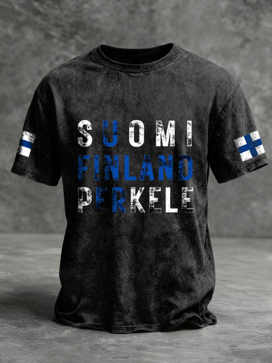 Miesten rohkea musta "SUOMI FINLAND PERKELE" Graafinen T-paiti