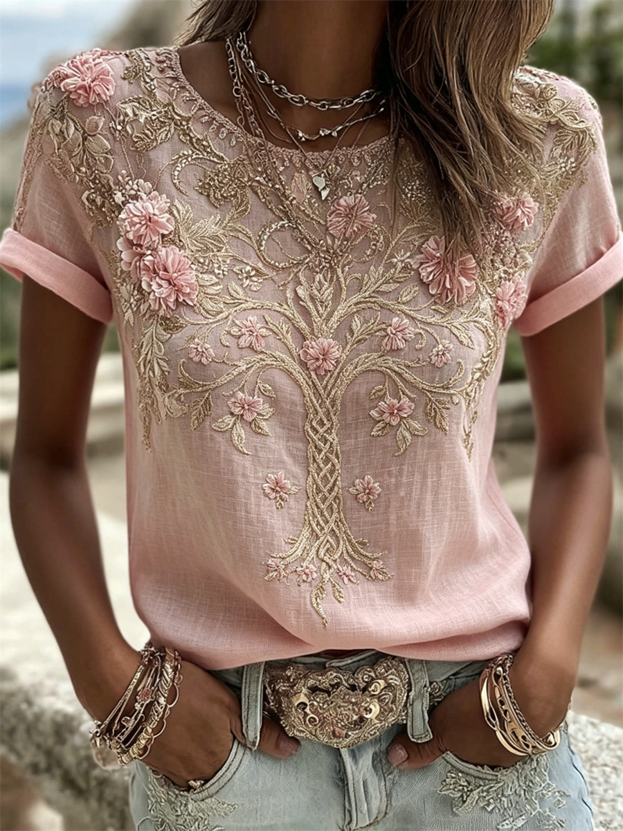 Naisten Classy Pink Floral Tree of Life Celtic Tulosta pellavavaatteet lyhythiha T-paita