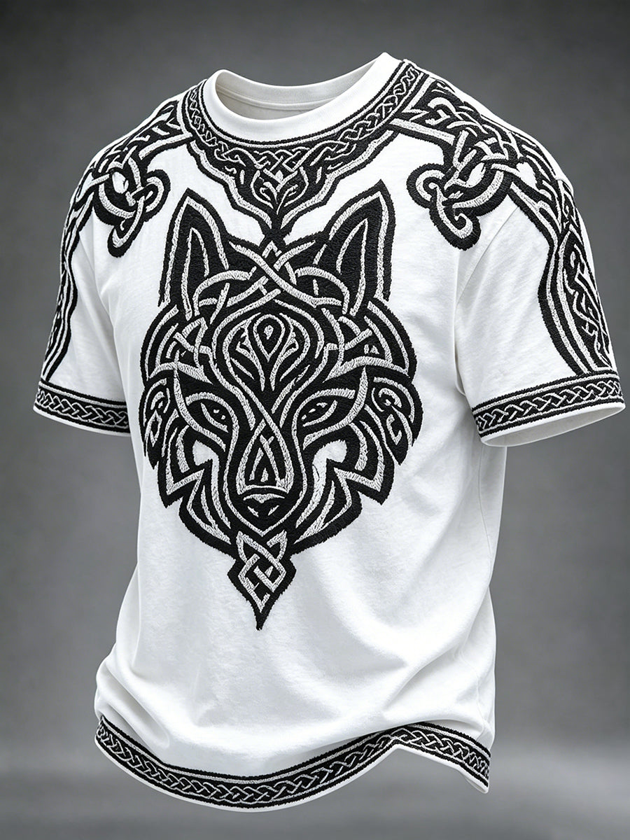 Miesten Viking Celtic Wolf Art Printa Pyöreä kaula Lyhyt hihot