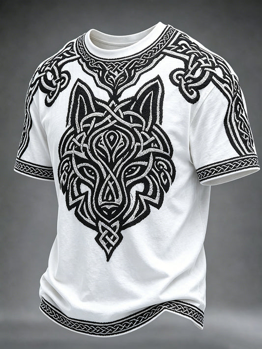Miesten Viking Celtic Wolf Art Printa Pyöreä kaula Lyhyt hihot