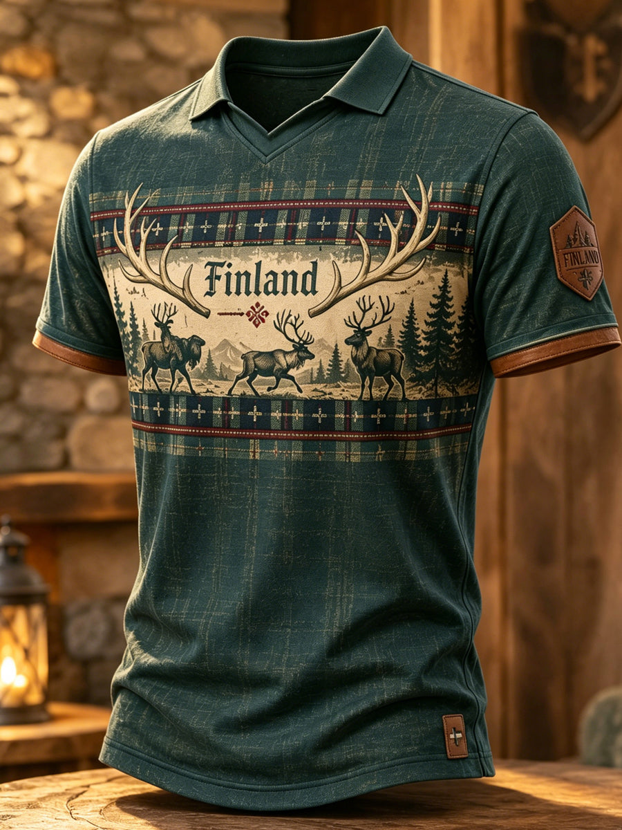 Miesten suomalainen arktinen poro-elementti taidepainatus polopaita