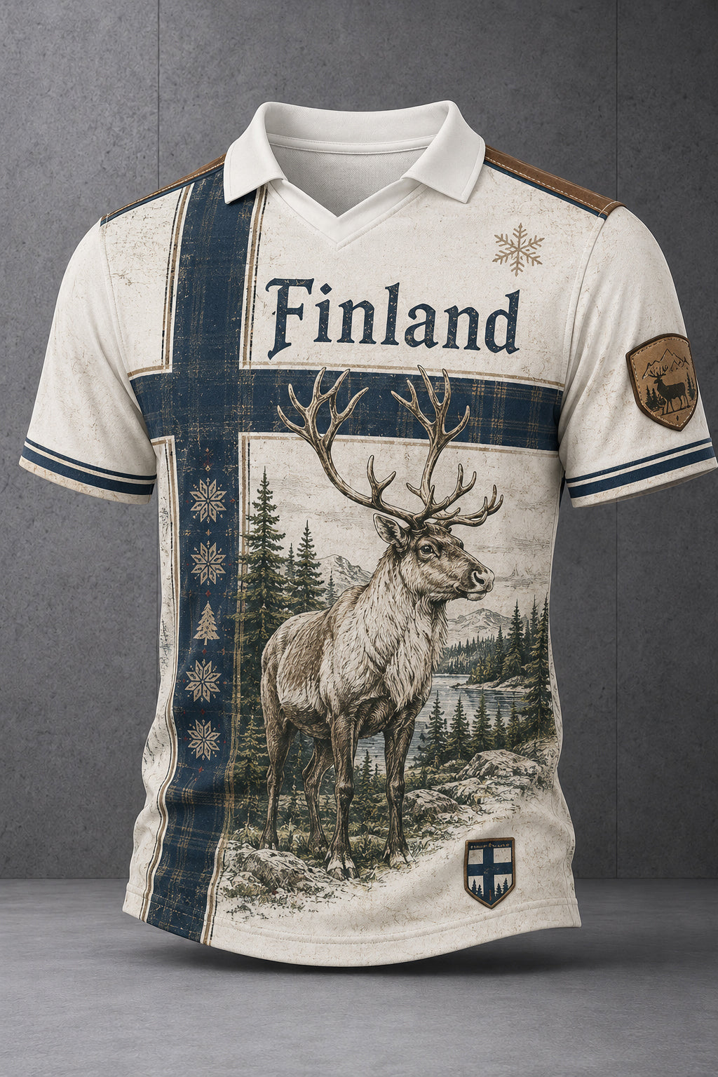 Miesten suomalainen arktinen poro-elementti taidepainatus polopaita