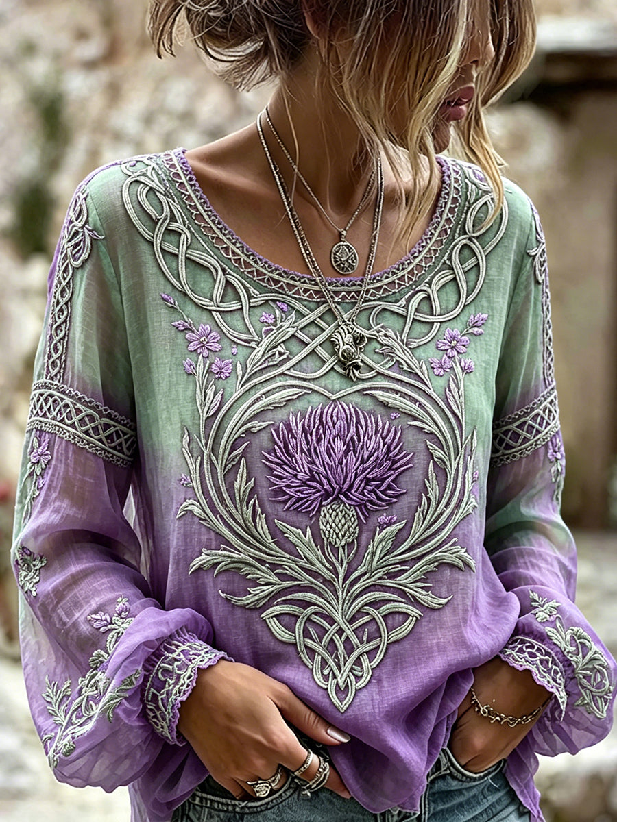 Naisten Vintage Celtic Scottish Thistle Classy Print Puuvilla-Linen-paitaa
