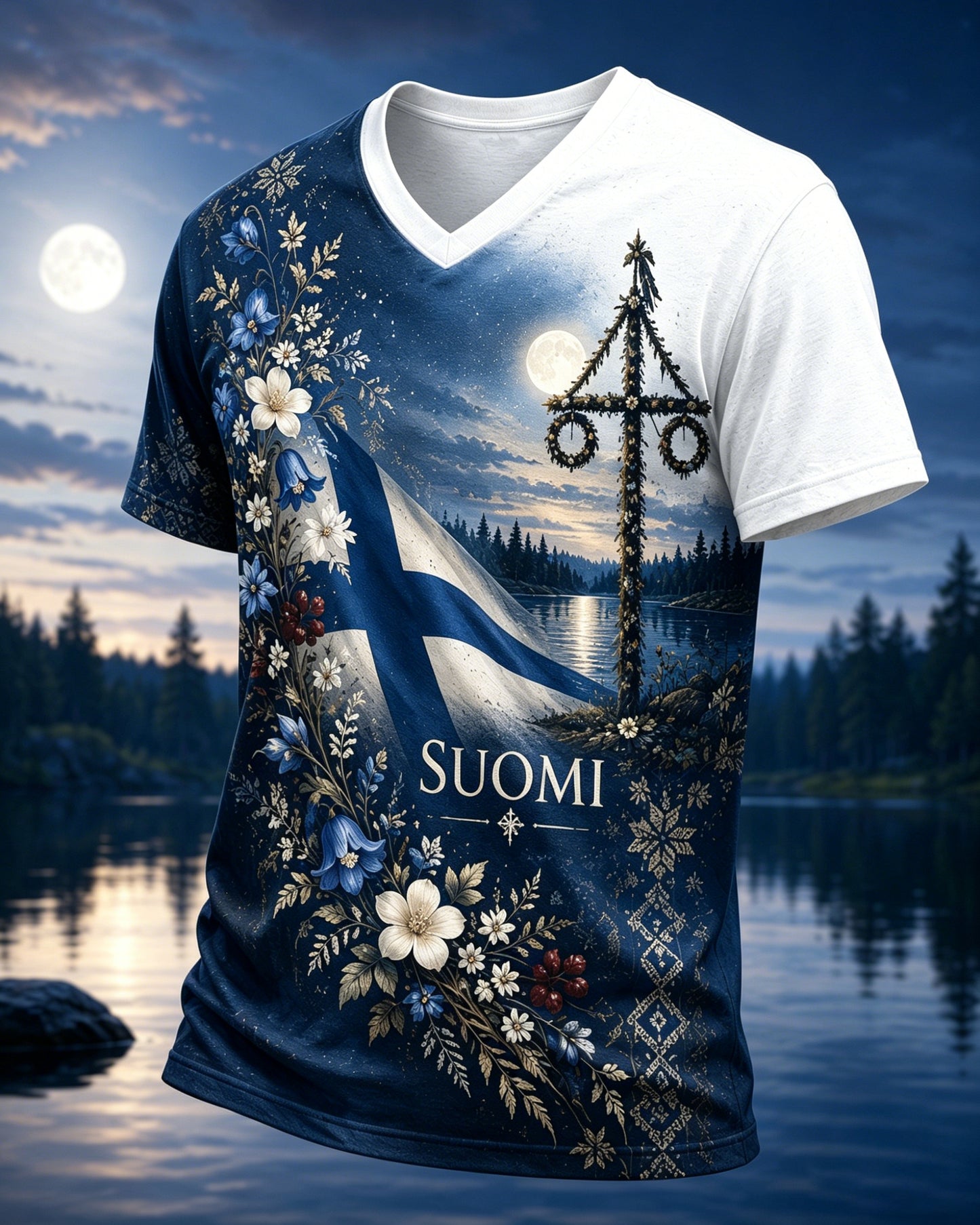 Miesten Suomen juhannusfestivaali Muistotaide Print V-kaus T-paiti