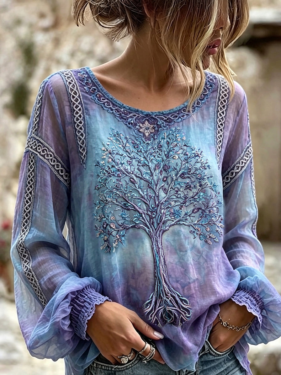 Naisten Vintage Celtic Tree of Life Art Printa pyöreä kaula puuvilla-Linen paita