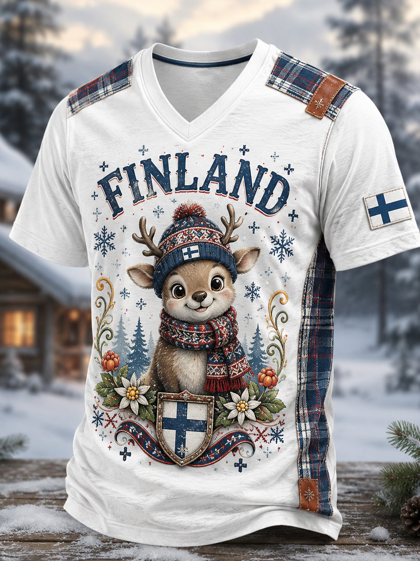 Miesten suomalainen arktinen poro -taidepainatus lyhythihaisessa t-paidassa