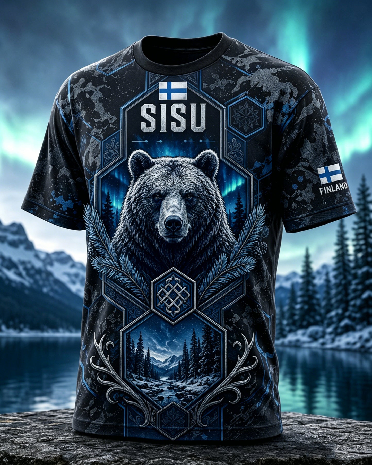 Miesten Sisu Veteraaniperintö-sarjan taidepainatetulla t-paidalla Suomesta
