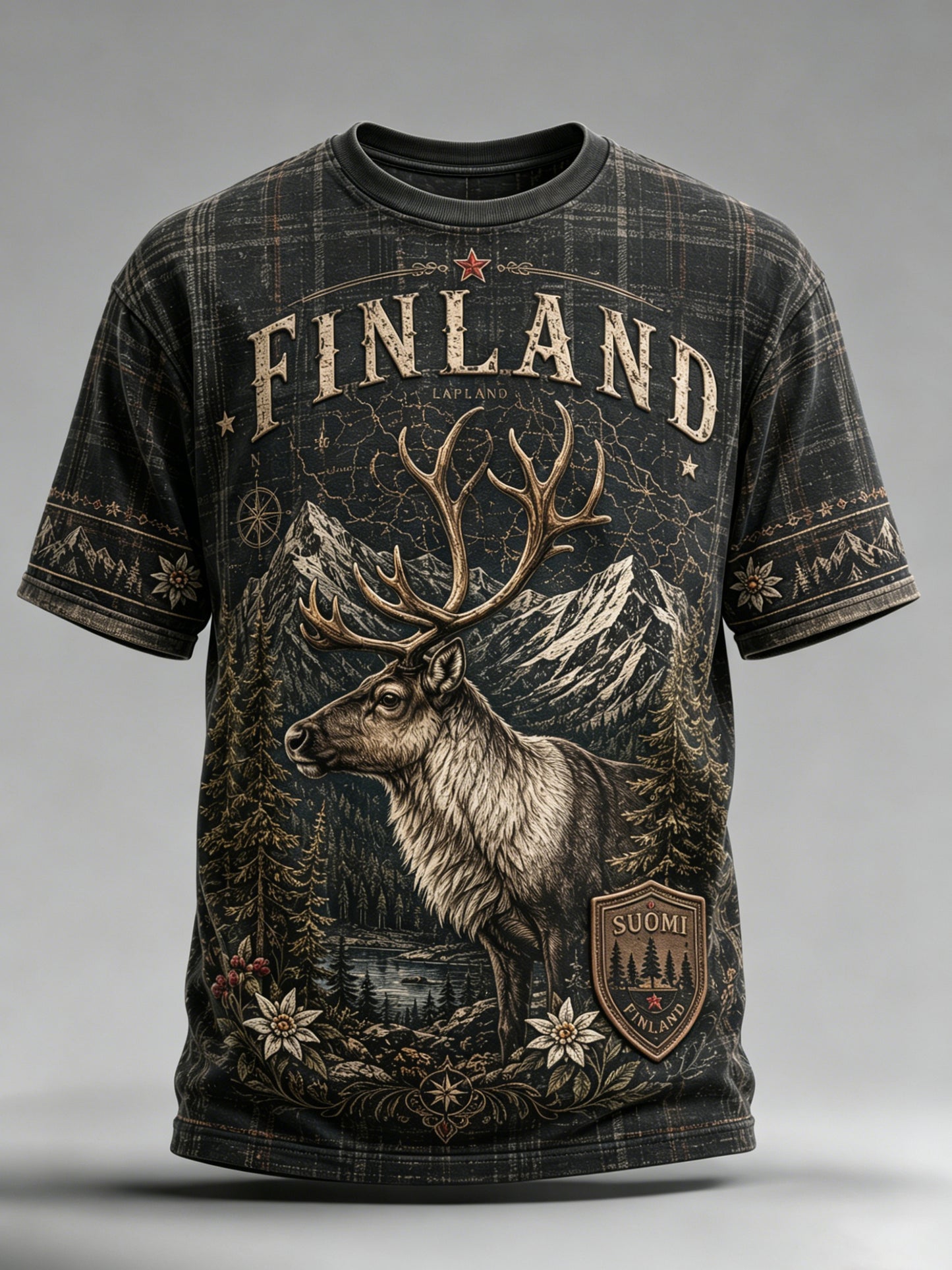 Miesten suomalainen arktinen poro kulttuurielementti taide Print T-paiti