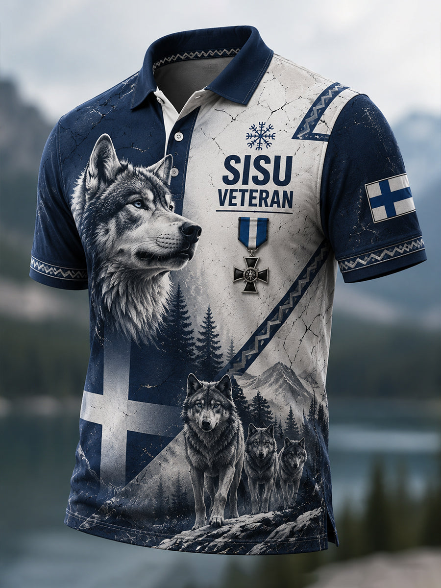 Miesten suomalainen Sisu-veteraaniperintöä juhlistava taidepainettu polopaita