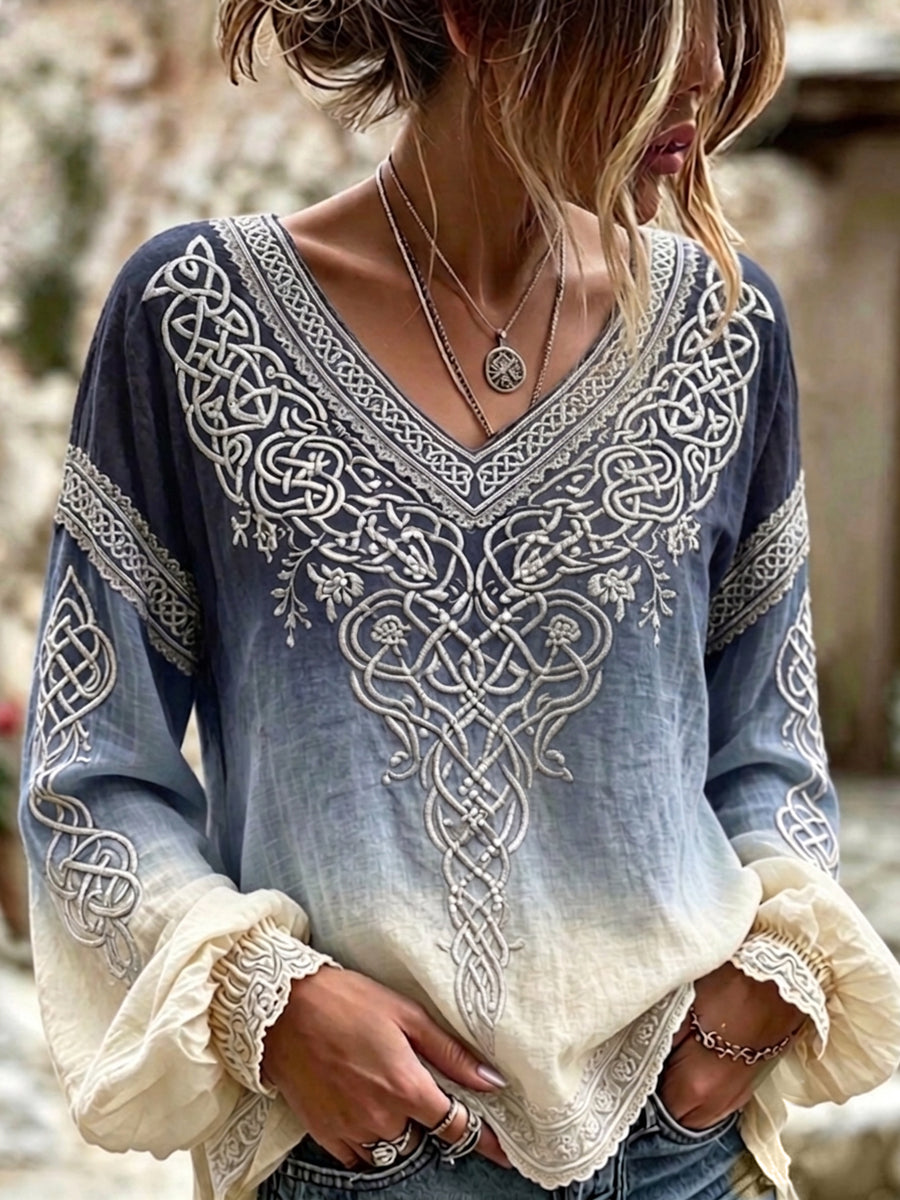Naisten Vintage Viking Celtic Print Gradient Puuvilla-Linen-paita