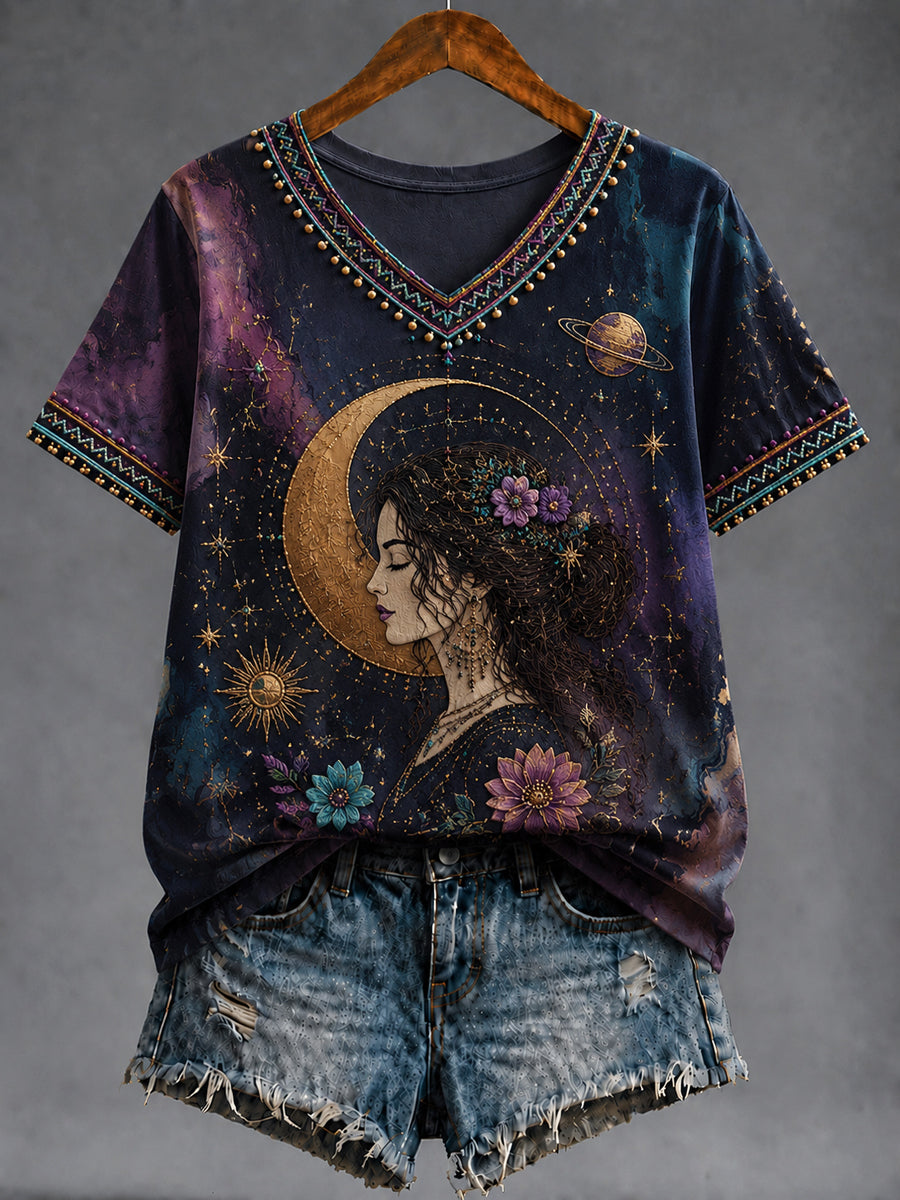 Naisten Retro Zodiac Art Casual V-kaula T-paita