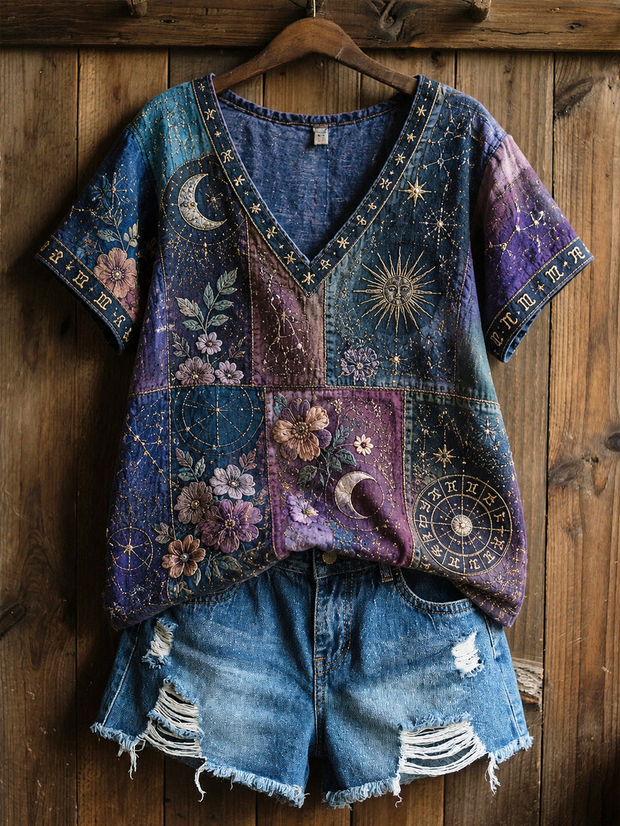Retro Zodiac Kukka "parantaminen Art" Puuvilla-Linen T-paito