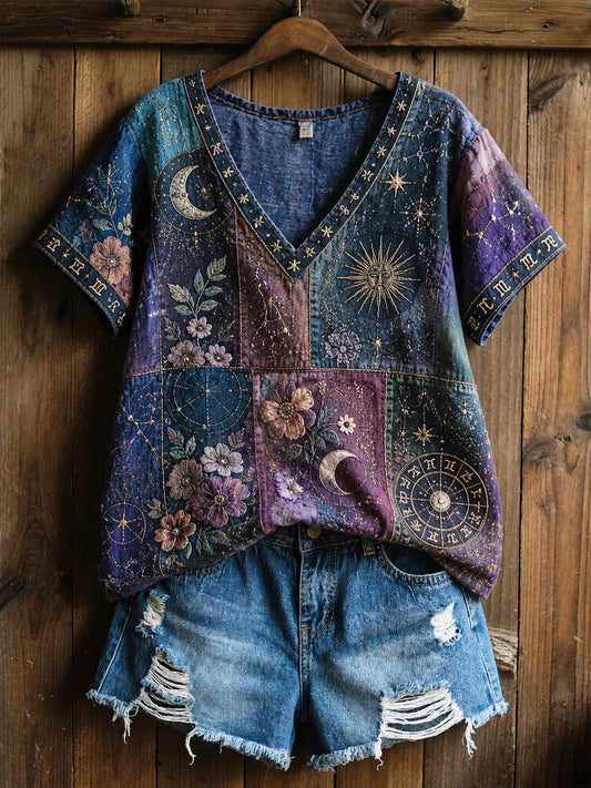 Retro Zodiac Kukka "parantaminen Art" Puuvilla-Linen T-paito